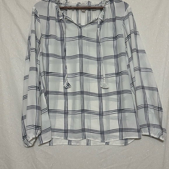 LOFT Tops - LOFT White and Blue V-Neck Long Sleeve Boxy Blouse